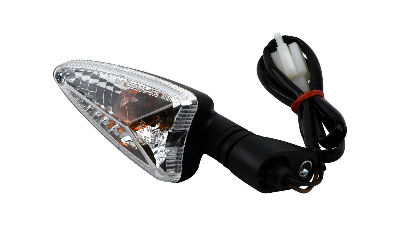 Indicator Yamaha YZF-R125 2013-2018, WR125R/X, 2013-2014, MT125 2015-2019 Front Right & Rear Left (Clear Lens) Wire Length 43cm with male bullet connectors. OE Ref. 5D7-H3320-10, 5D7-H3330-10, 22B-H3320-11, 22B-H3330-11