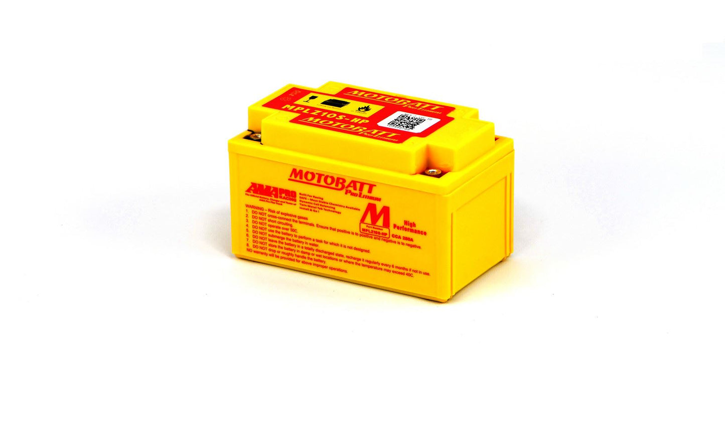 Motobatt Pro Lithium Battery MLTZ10S-HP 12v 6AH CA:420A Wh:76.8 YTX7A-BS, YTZ10S, YTR9-BS, YTX9-BS, YT12A-BS L:151mm x H:95mm x W:87mm (Also Includes 10mm Bottom Spacer)
