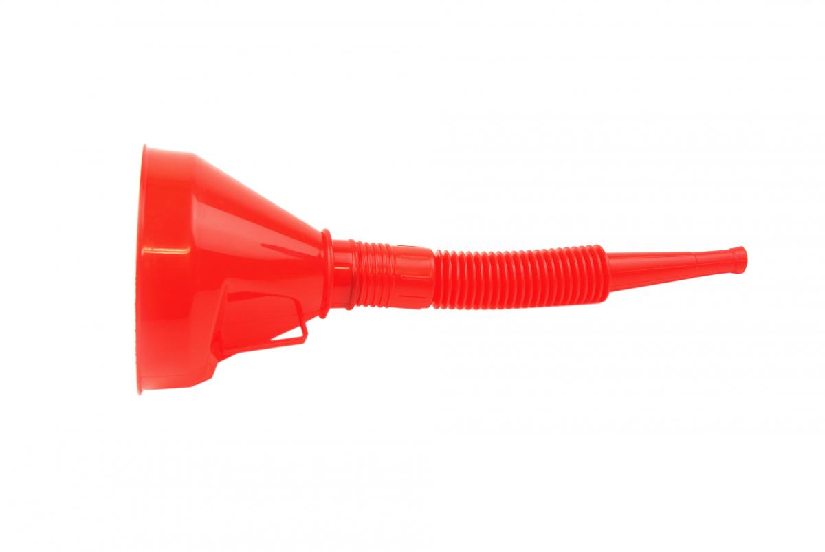 RED PLASTIC FLEXIBLE FUNNEL, 290MM LONG WITH FILTER MESH