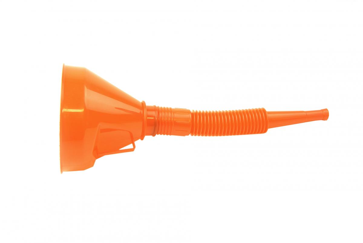 ORANGE PLASTIC FLEXIBLE FUNNEL, 290MM LONG WITH FILTER MESH