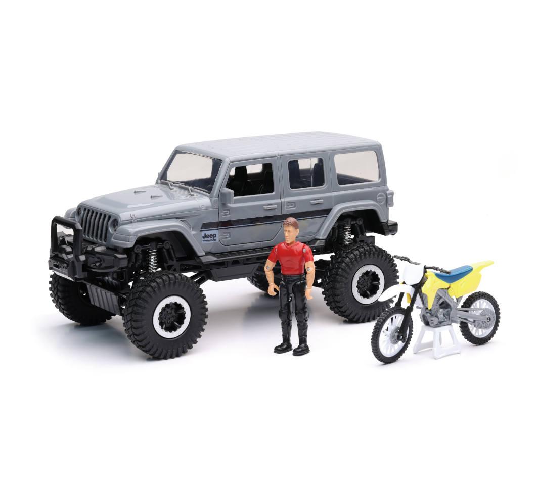 NEWRAY DIE CAST MODEL BIG WHEEL SAHARA JEEP & DIRT BIKE SET, SCALE 1:18