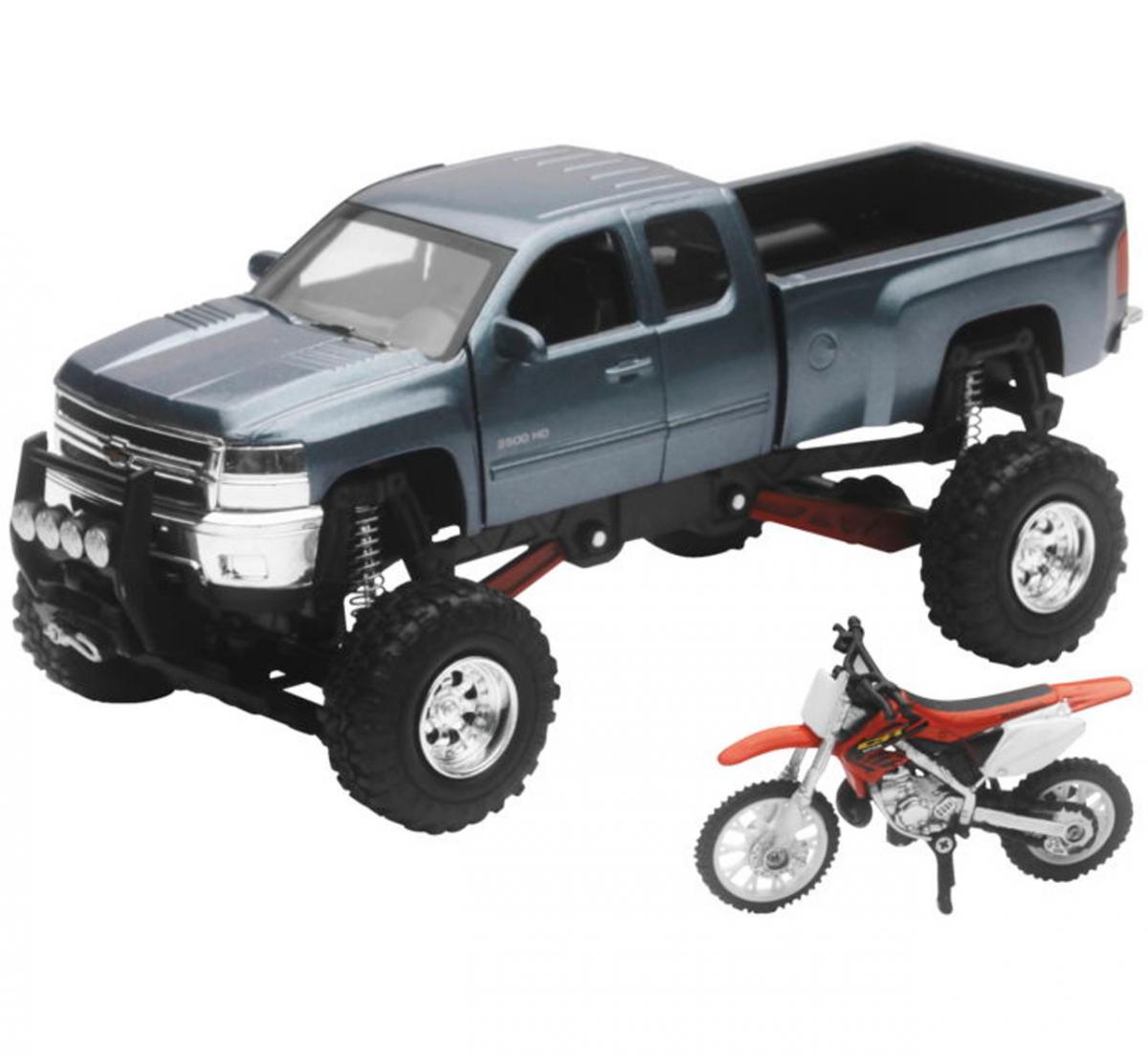 NEWRAY DIE CAST MODEL CHEVROLET PICK UP WITH YAMAHA DIRT BIKE, SCALE 1:32