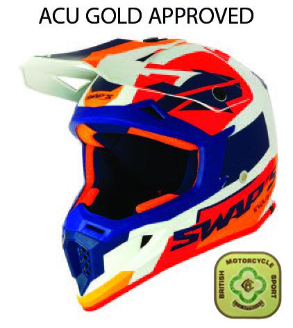SWAP'S MX HELMET LG 60 WHITE/BLUE, !! ACU GOLD APPROVED !!