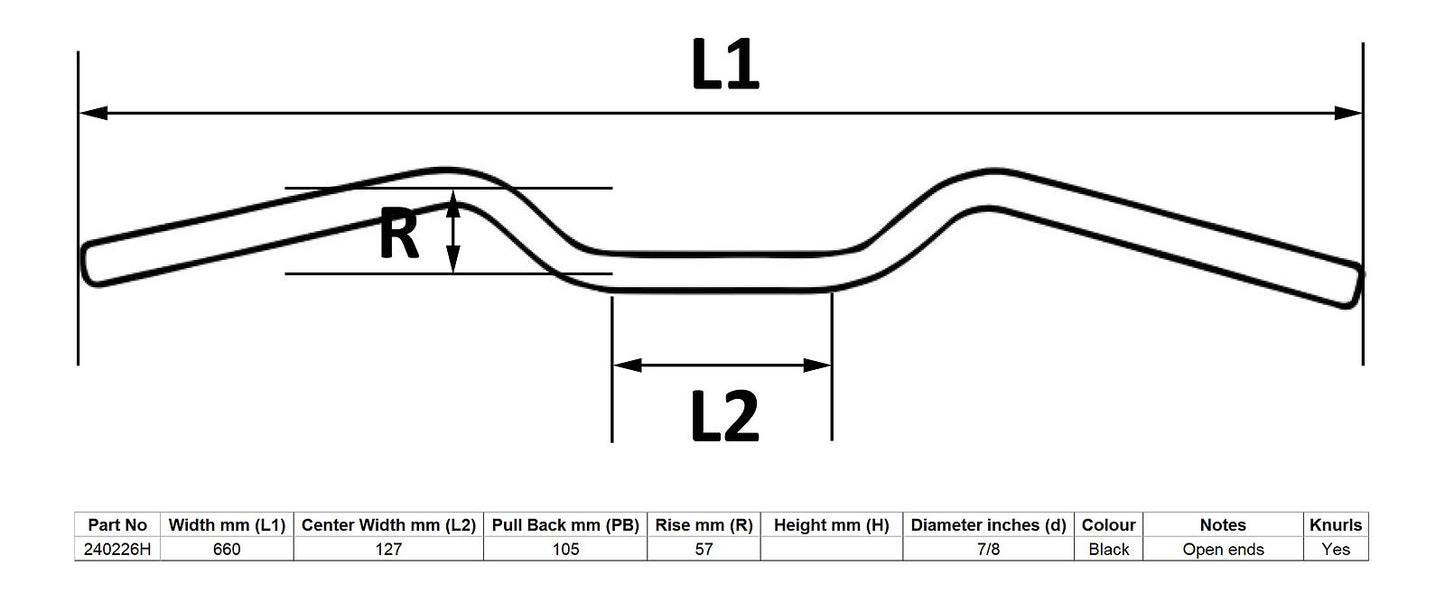 Handlebar 7/8'' Black 2.25'' Rise Yamaha RD250LC, RD350LC