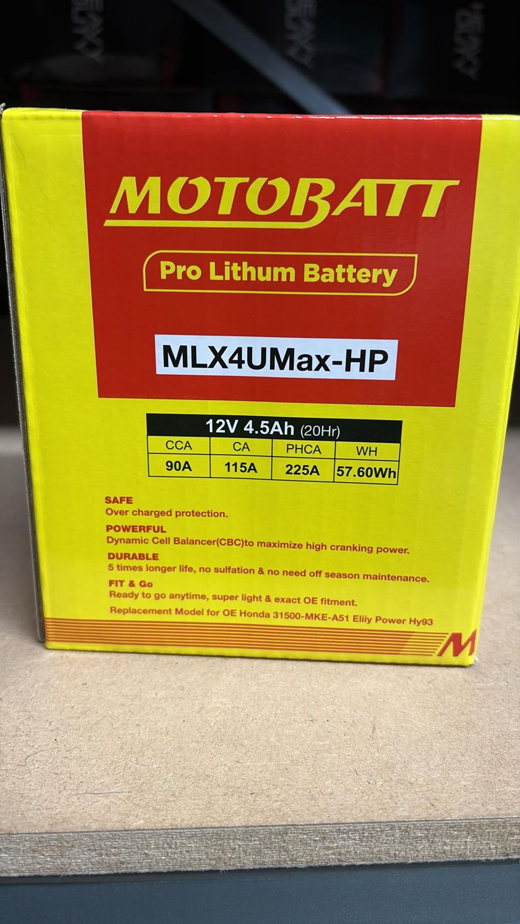 Motobatt Pro Lithium Battery MLX4U Max-HP 12v 4AH CA:320A With Charge Protection YTX5L-BS, YTZ6S, YTZ7S, HY93-C L:114mm x H:87mm x W:70mm (Also Has 2x20mm Spacer)