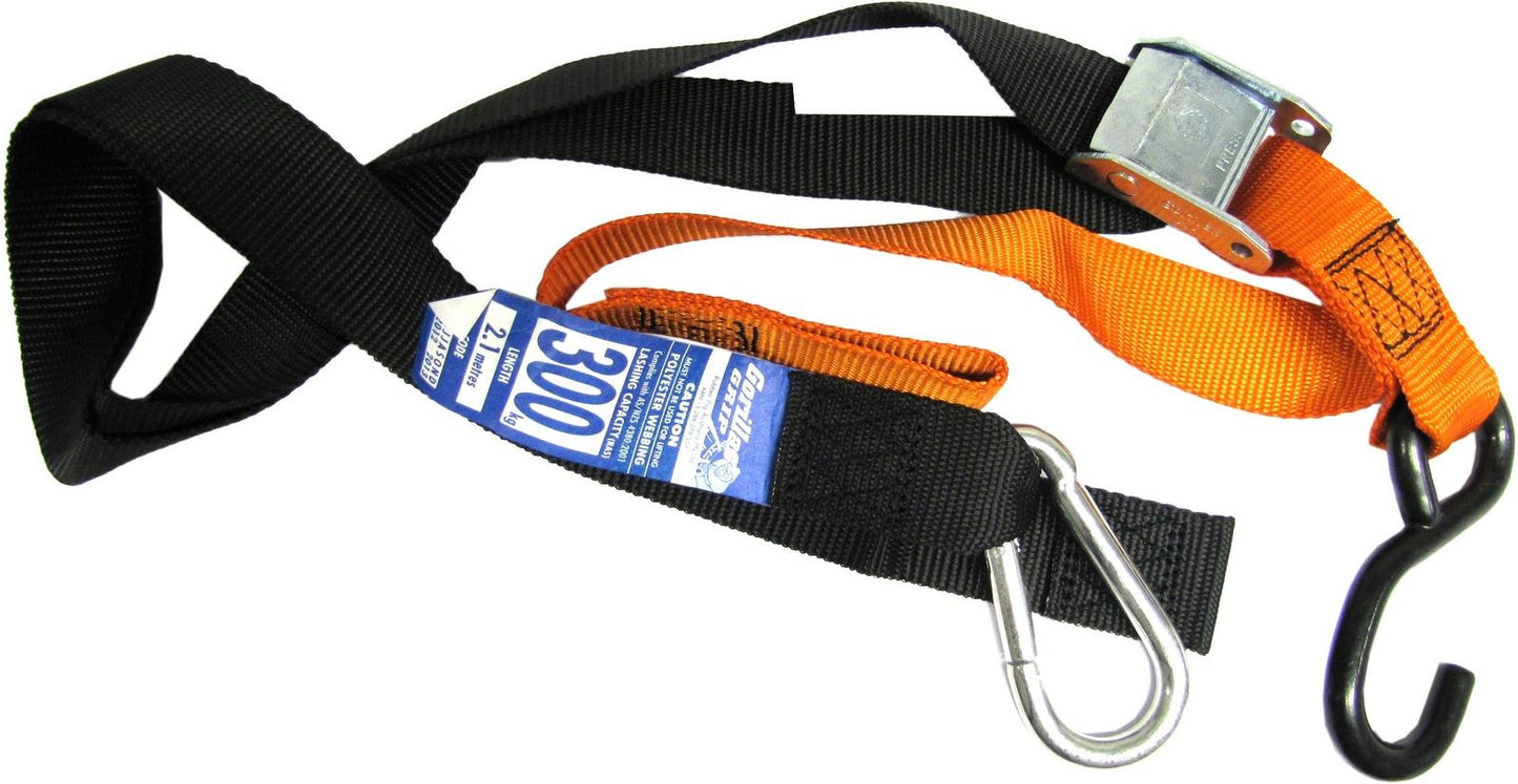 Tie Downs 38mm wide Orange/Black with hook & snap hook