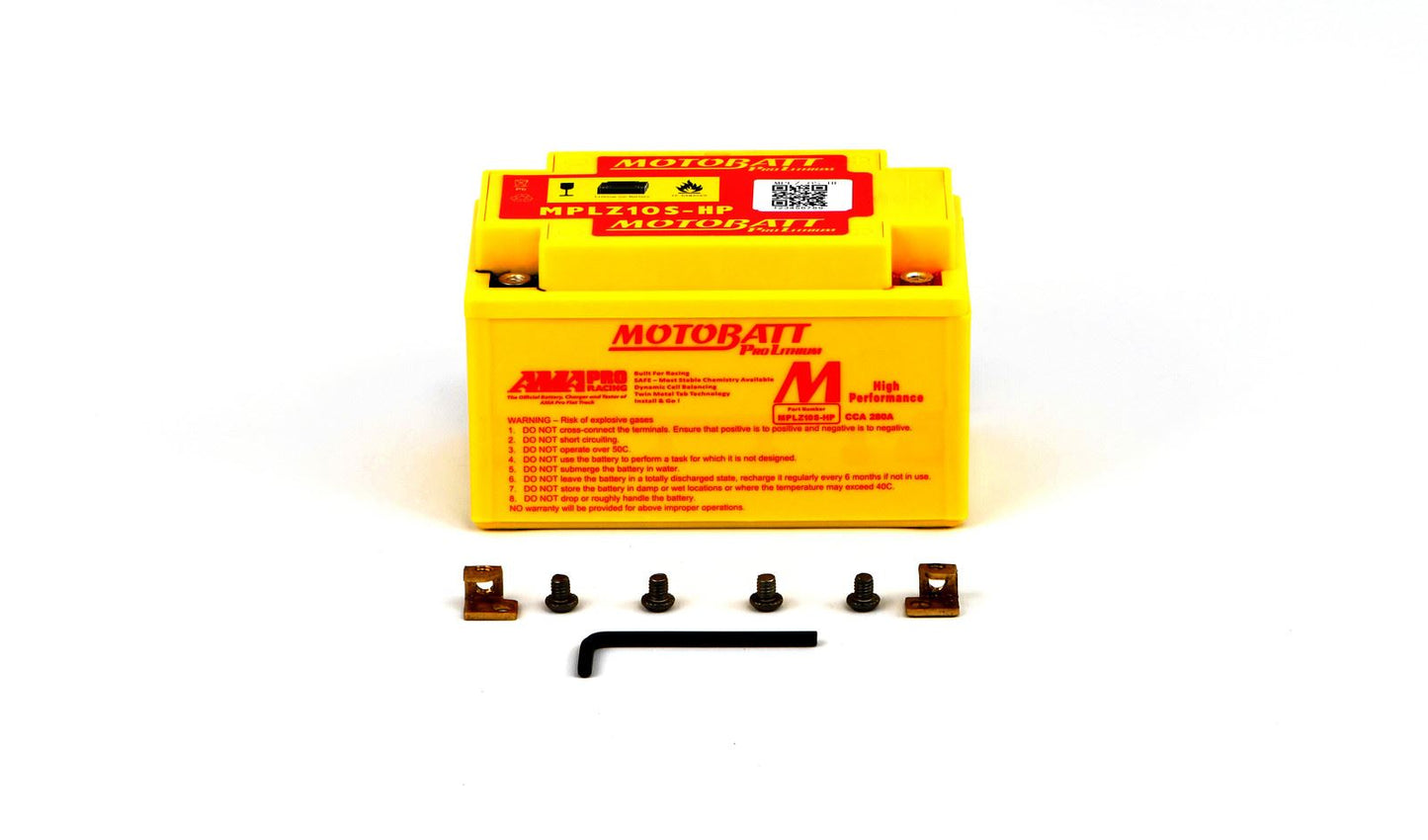 Motobatt Pro Lithium Battery MLTZ10S-HP 12v 6AH CA:420A Wh:76.8 YTX7A-BS, YTZ10S, YTR9-BS, YTX9-BS, YT12A-BS L:151mm x H:95mm x W:87mm (Also Includes 10mm Bottom Spacer)
