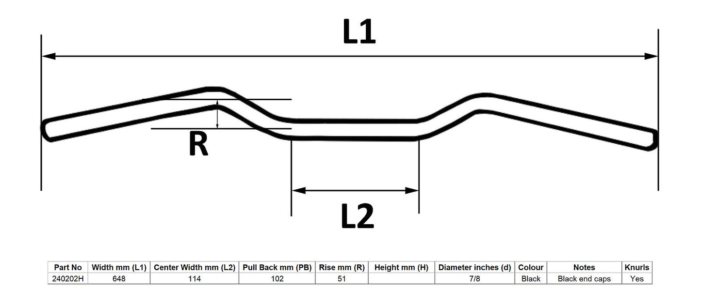 Handlebar 7/8'' Black 2'' Rise Honda CB500 25'' Long & 5'' Centre