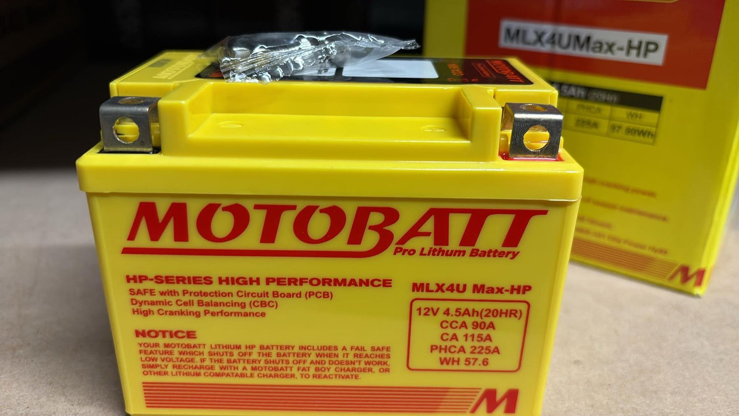 Motobatt Pro Lithium Battery MLX4U Max-HP 12v 4AH CA:320A With Charge Protection YTX5L-BS, YTZ6S, YTZ7S, HY93-C L:114mm x H:87mm x W:70mm (Also Has 2x20mm Spacer)