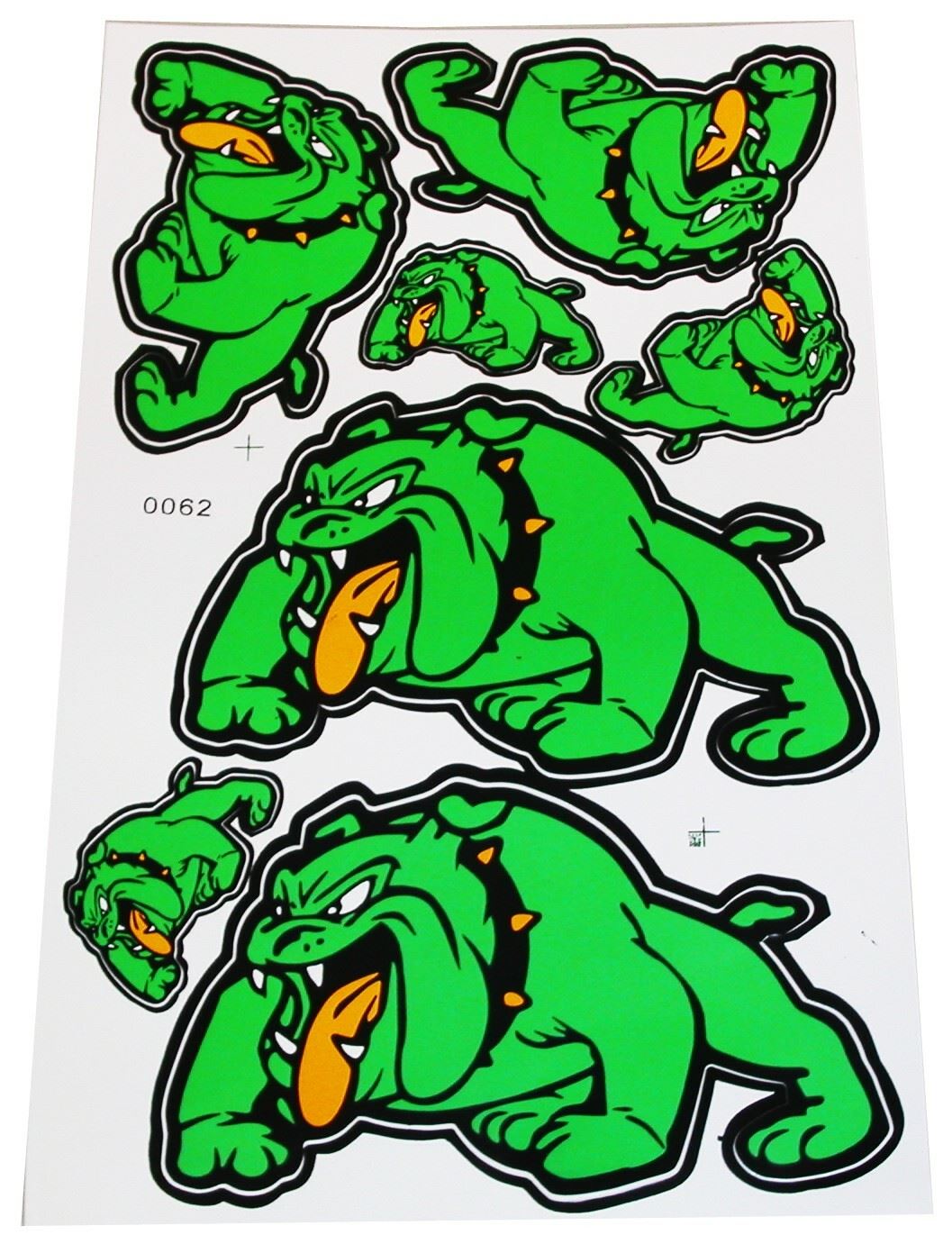 Stickers Green Bull Dog, 2 Large 2 Medium & 3 Small