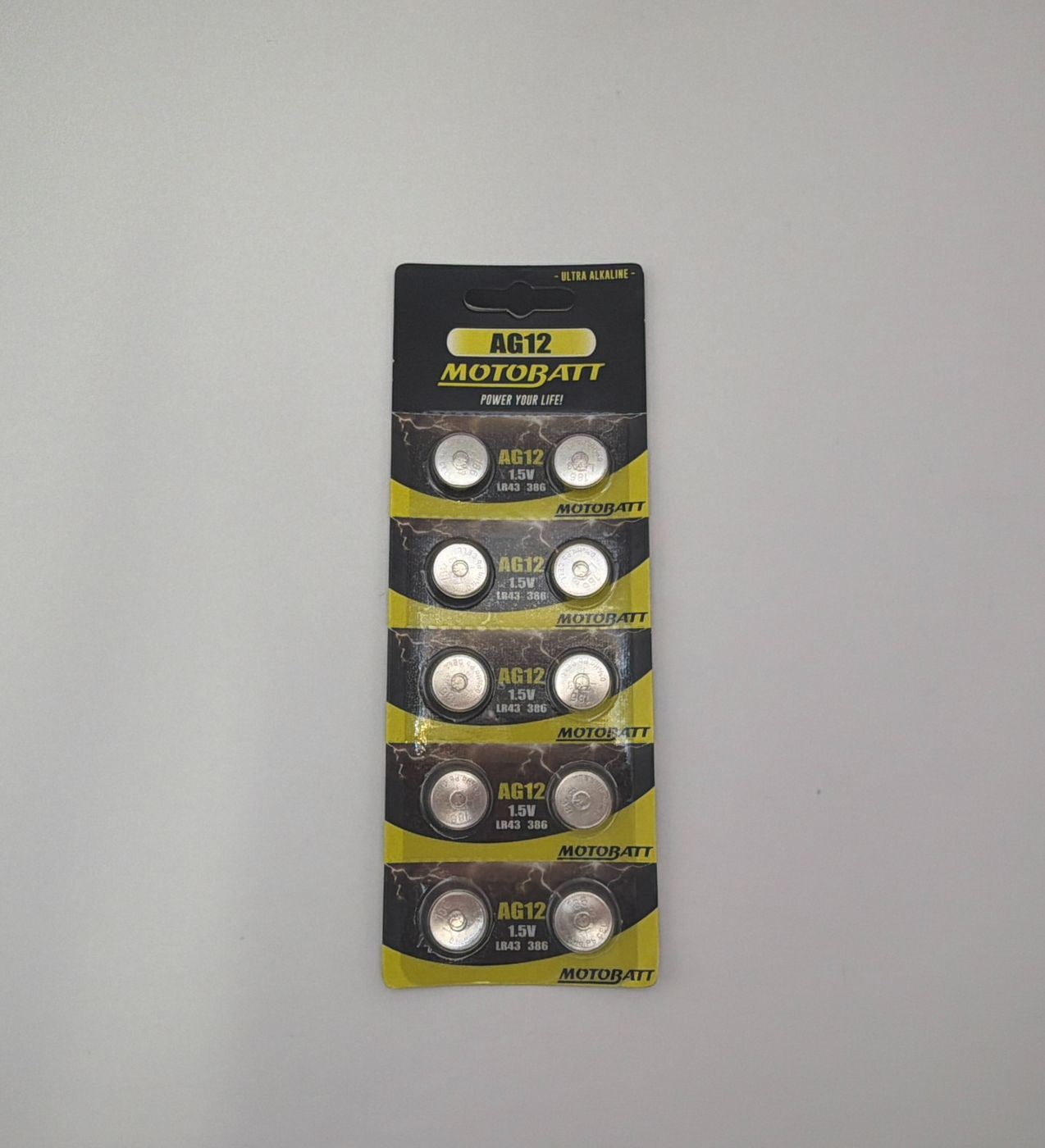 Motobatt AG12, LR43, 301, 386 1.5v 115mAH Alkaline Button Cell Batteries
