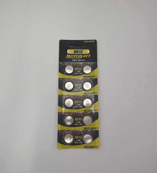 Motobatt AG12, LR43, 301, 386 1.5v 115mAH Alkaline Button Cell Batteries