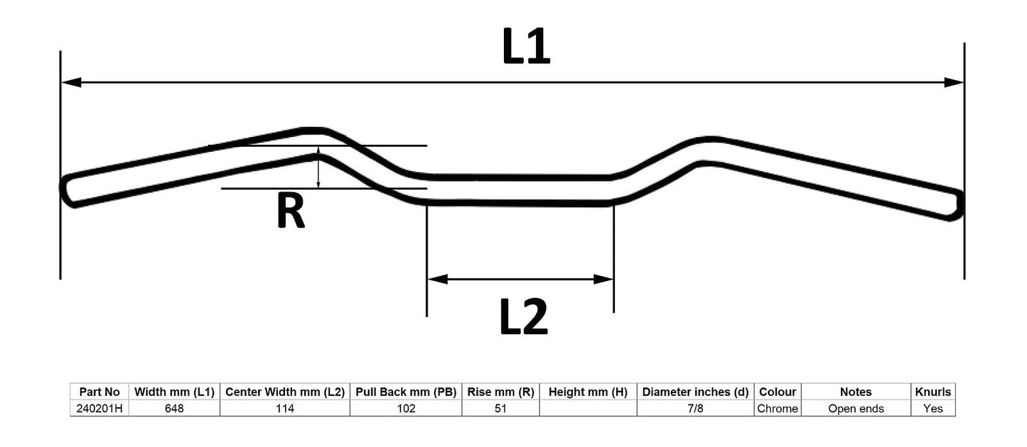 Handlebar 7/8'' Chrome 2'' Rise Honda CB500 25'' Long & 5'' Centre