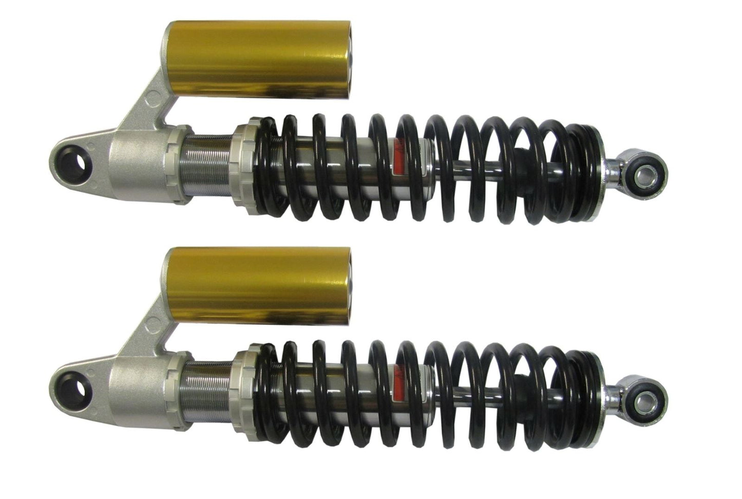 Shocks 365mm Pin+Pin Chrome body black spring & piggy back (Pair)