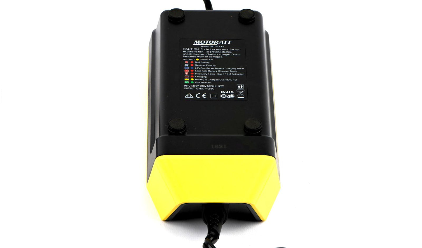 Motobatt PDCFB 12v Fat Boy Battery Charger, 9 Stage, 2.0A Acid & Lithium Batteries