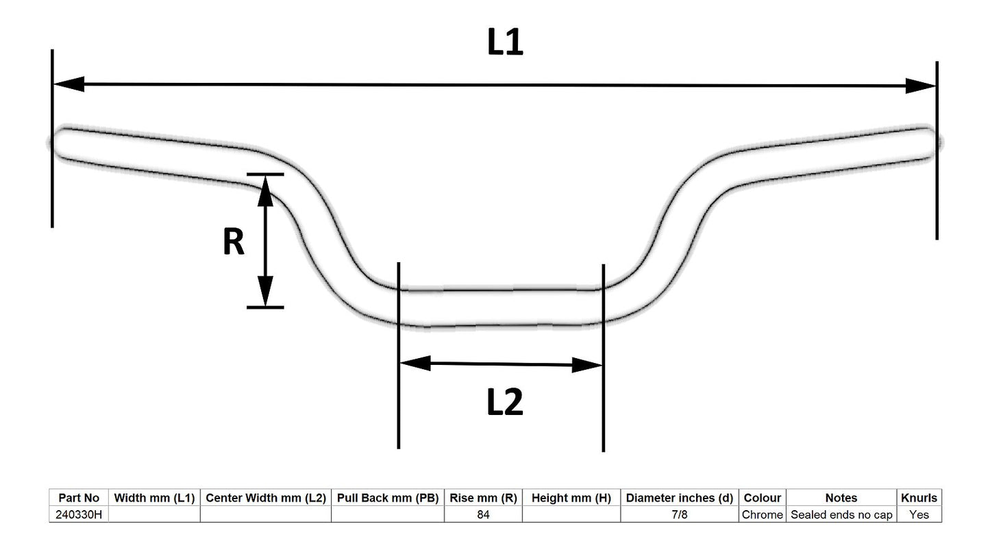 Handlebar 7/8'' Chrome 3.30'' Rise Yamaha RD250DX, RD400DX,E 27'' Long