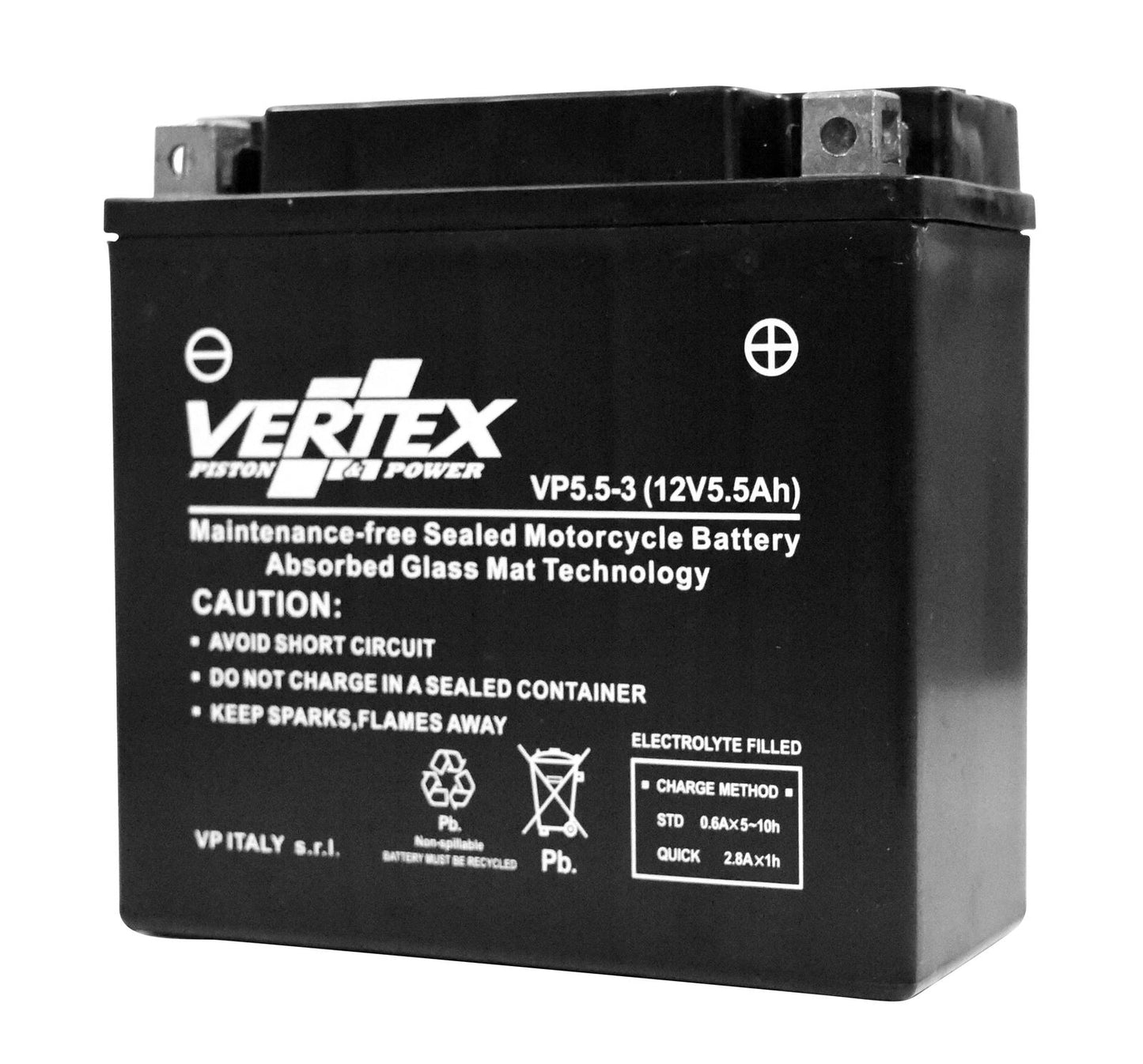 Vertex VP5.5-3 Battery replaces 12N5.5-3B (L:133 mm x W:58 mm x H:130 mm)