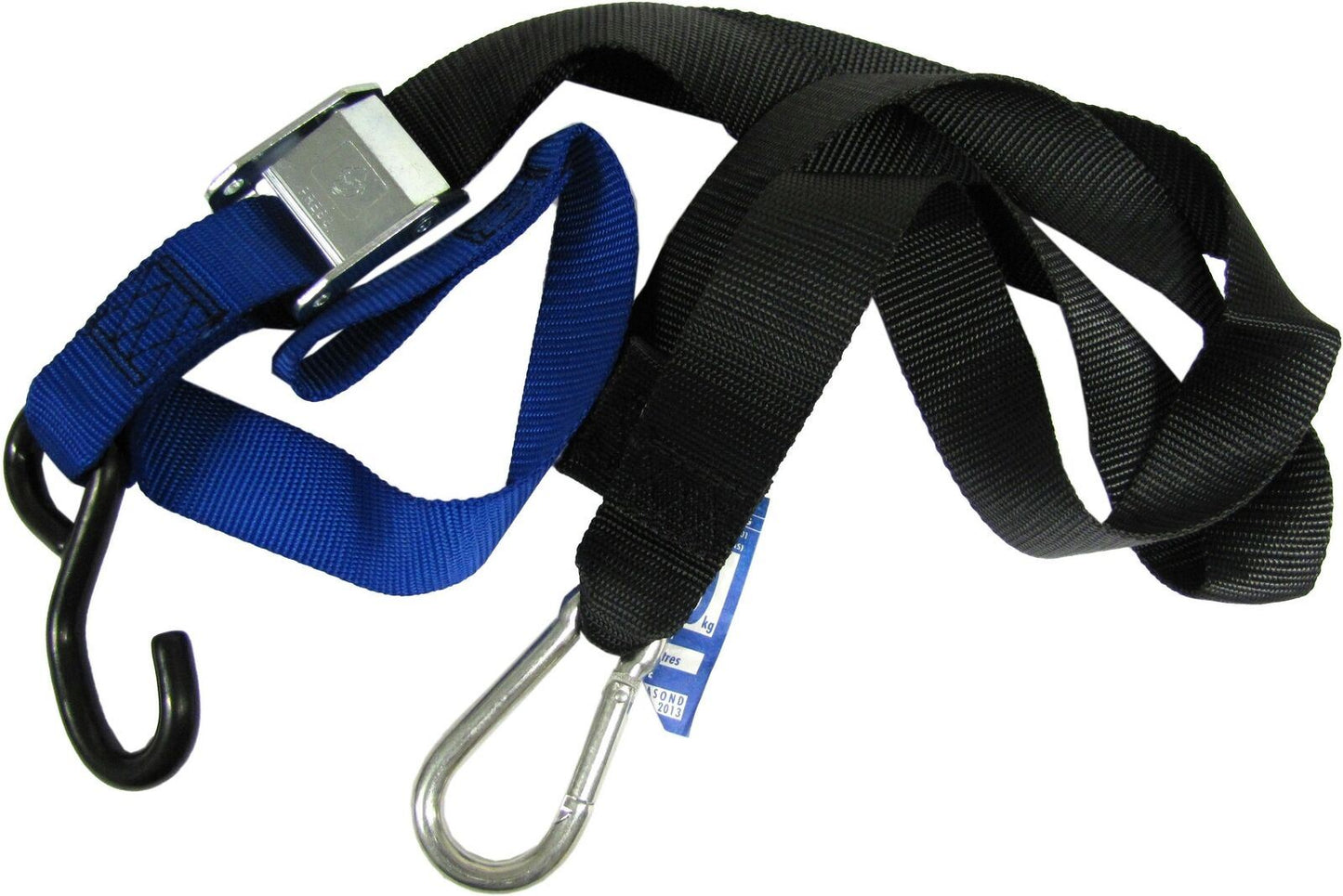 Tie Downs 38mm wide Blue/Black with hook & snap hook