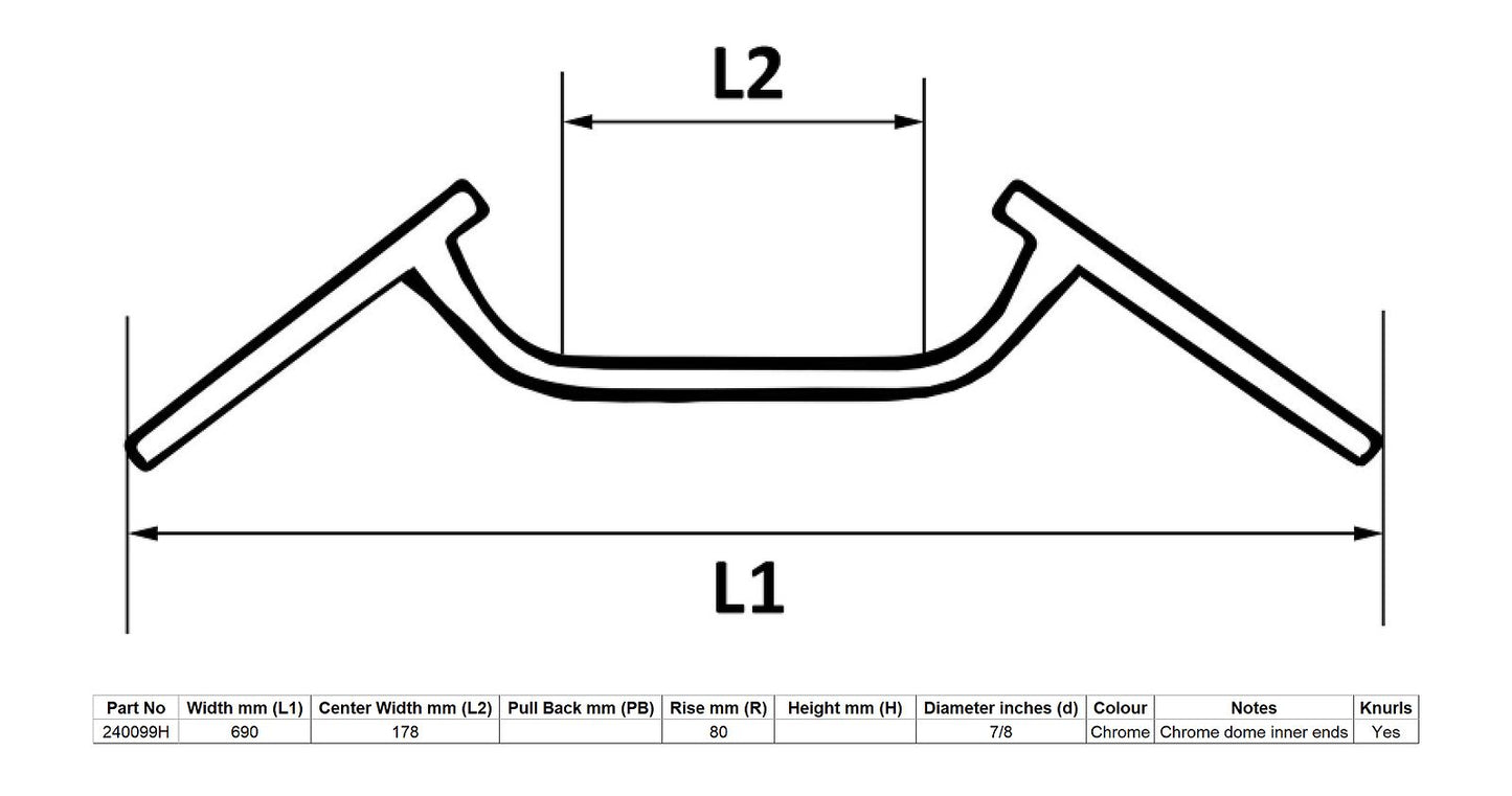 Handlebar 7/8'' Chrome Dropbar 7'' Centre & 27'' Long Cafe Racer
