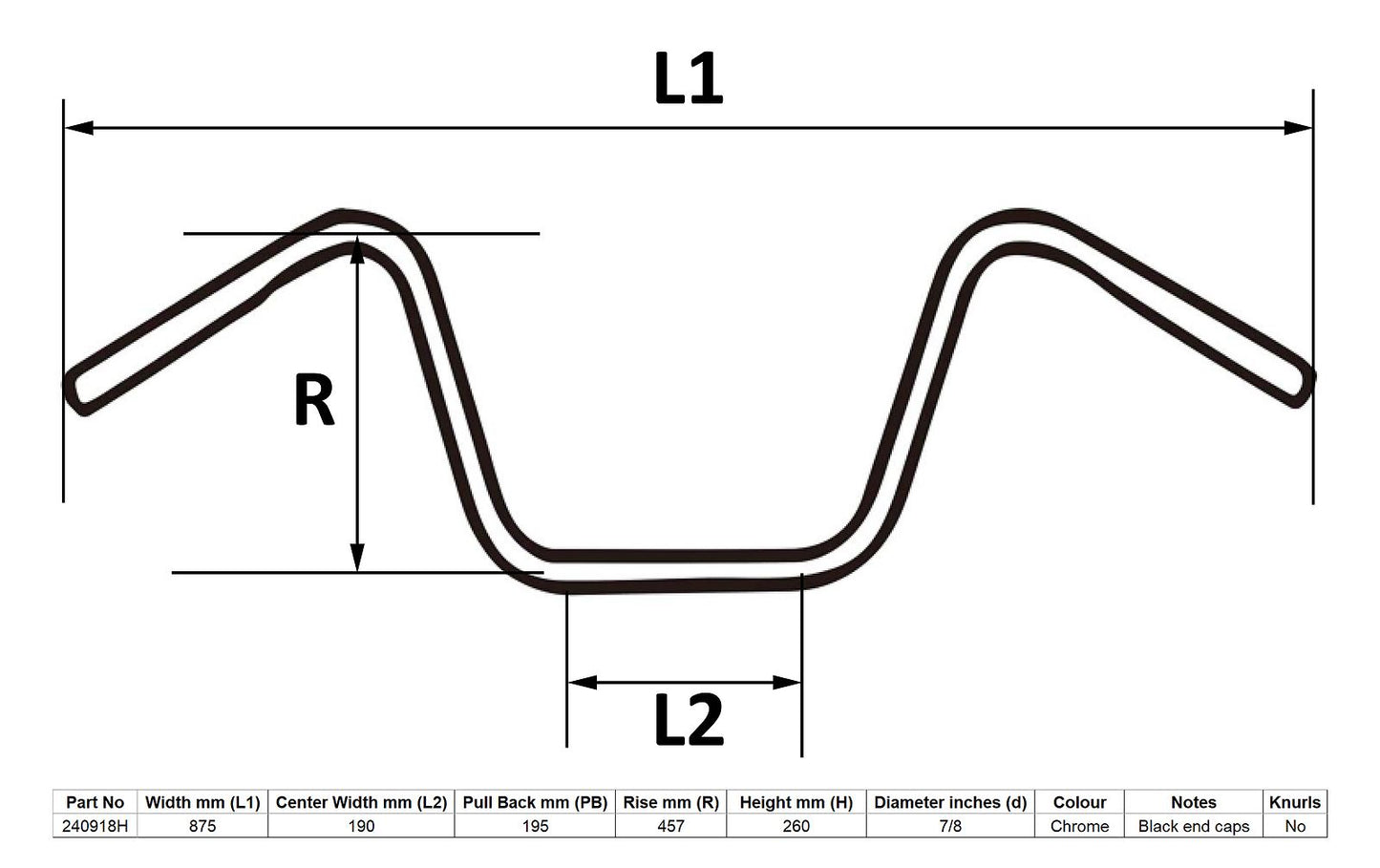 Handlebar 7/8'' Chrome 18'' Rise Wide Bottom