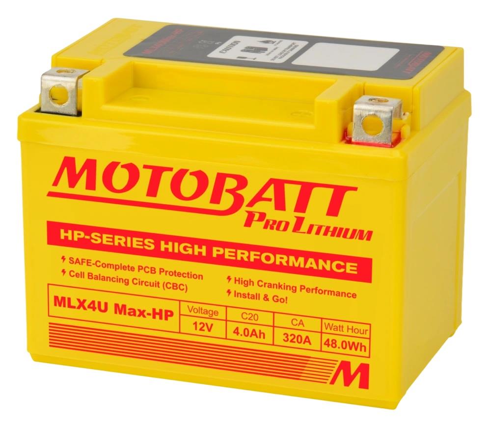 Motobatt Pro Lithium Battery MLX4U Max-HP 12v 4AH CA:320A With Charge Protection YTX5L-BS, YTZ6S, YTZ7S, HY93-C L:114mm x H:87mm x W:70mm (Also Has 2x20mm Spacer)