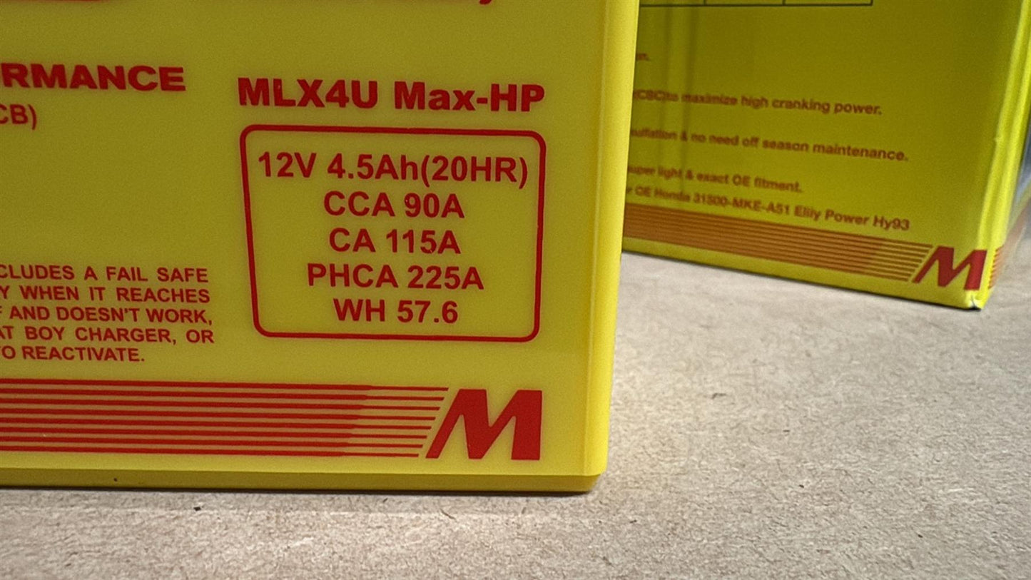 Motobatt Pro Lithium Battery MLX4U Max-HP 12v 4AH CA:320A With Charge Protection YTX5L-BS, YTZ6S, YTZ7S, HY93-C L:114mm x H:87mm x W:70mm (Also Has 2x20mm Spacer)