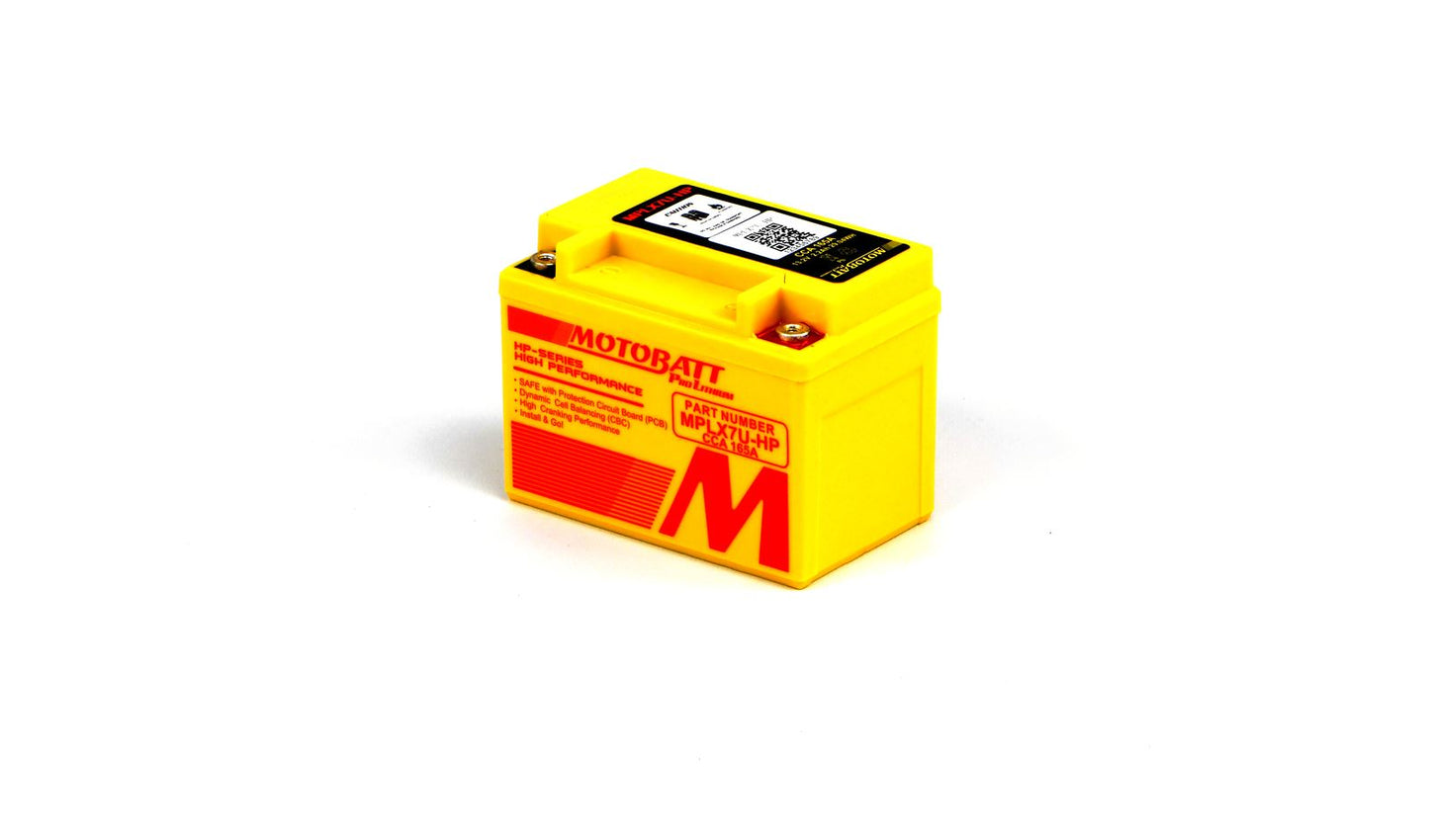 Motobatt Pro Lithium Battery MLX7U-HP 12v 5AH CCA:120A CA:150A YTX7L-BS, YTZ8V, HY110 L:114mm x H:107mm x W:70mm (Also Has 20mm Spacer)