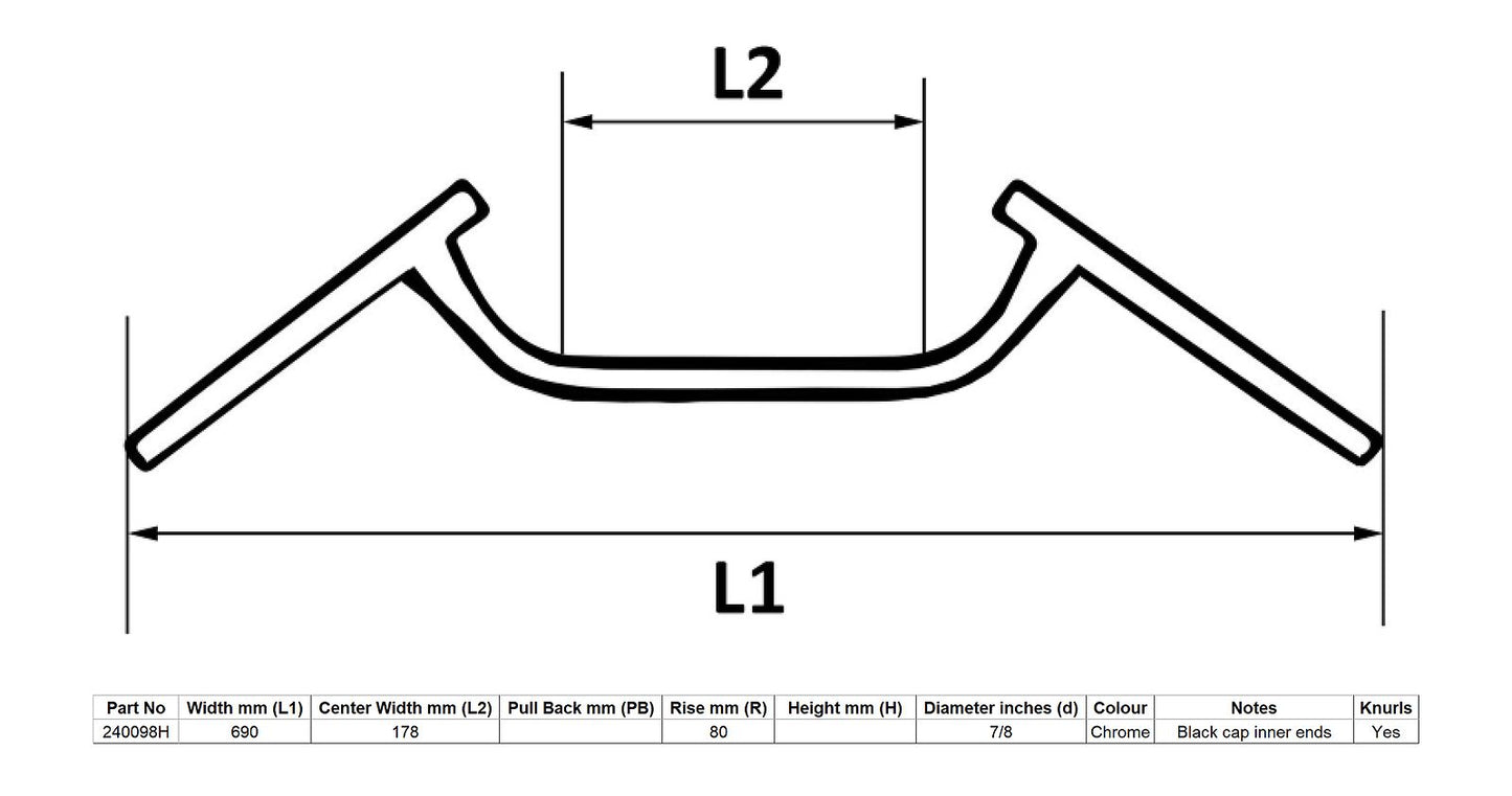 Handlebar 7/8'' Chrome Dropbar 7'' Centre & 27'' Long Cafe Racer