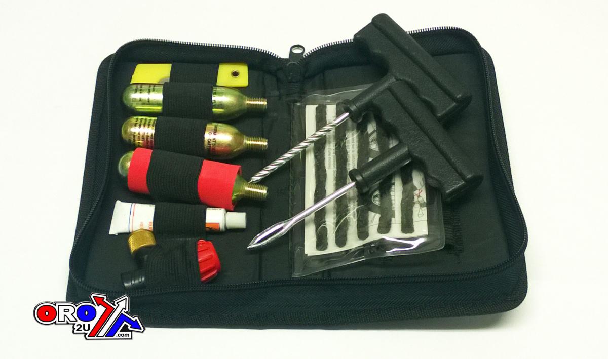 TUBELESS TIRE PUNCTURE REPAIR + INFLATOR KIT WITH 3 x 16g Co2 CARTRIDGES