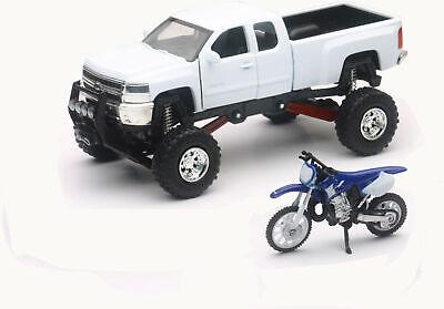 NEWRAY DIE CAST MODEL TRUCK & DIRT BIKE, WHITE CHEVY & YAMAHA YZ 125, SCALE 1:32
