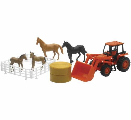 NEWRAY DIE CAST MODEL KUBOTA FARM TRACTOR WITH LOADER AND HORSE SET, SCALE 1:32