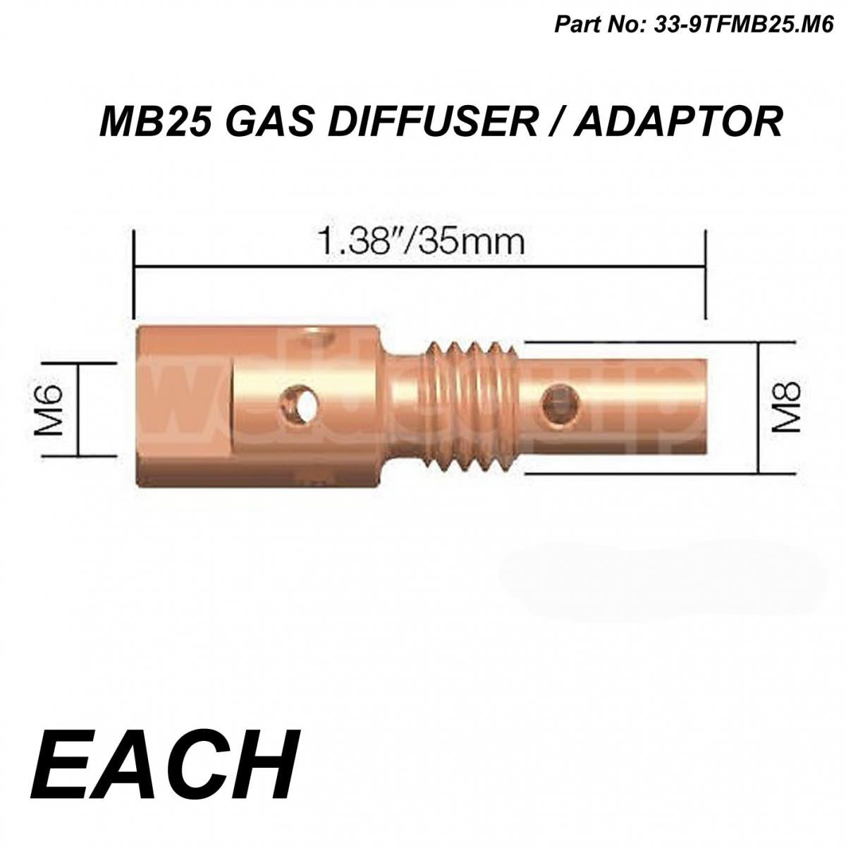 MB25 GAS DIFFUSER / ADAPTOR, FOR M6 CONTACT TIP