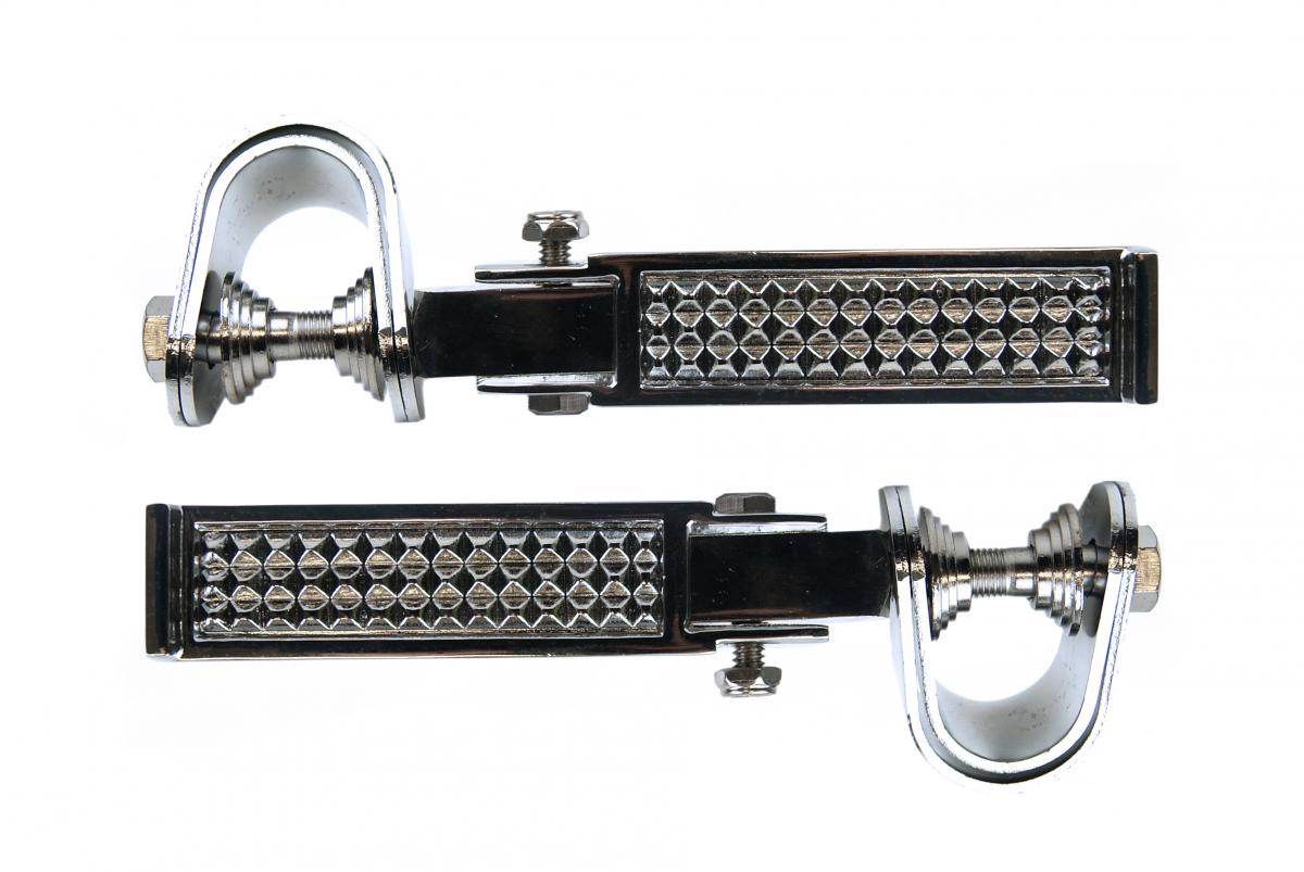 FOOT PEG SET UNIVERSAL CHROME FINISH, 10mm Hole or frame loop clamp fitting