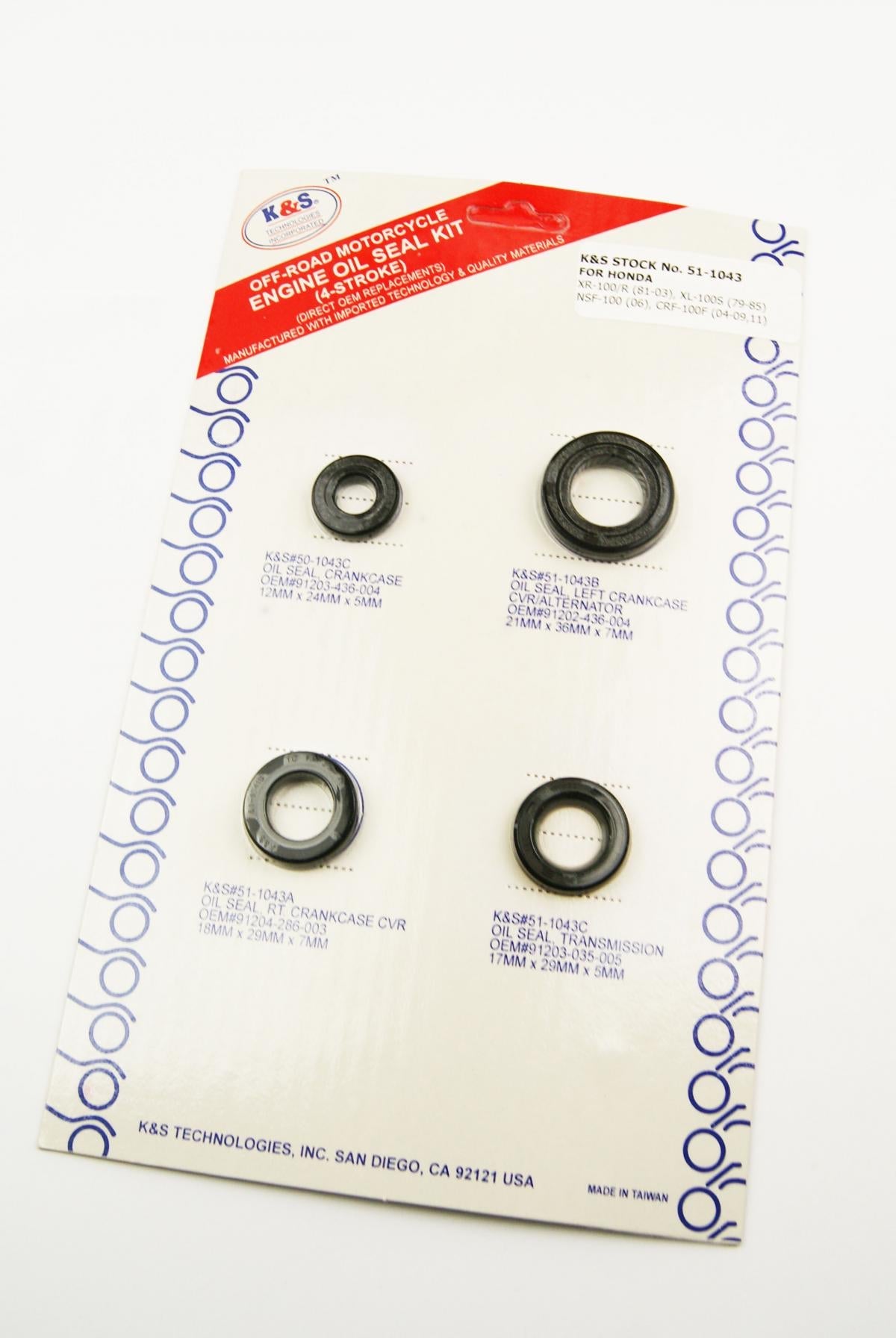 K&S ENGINE OIL SEAL SET HONDA XR100 81-03, CRF100F 04-12, 4 PIECE