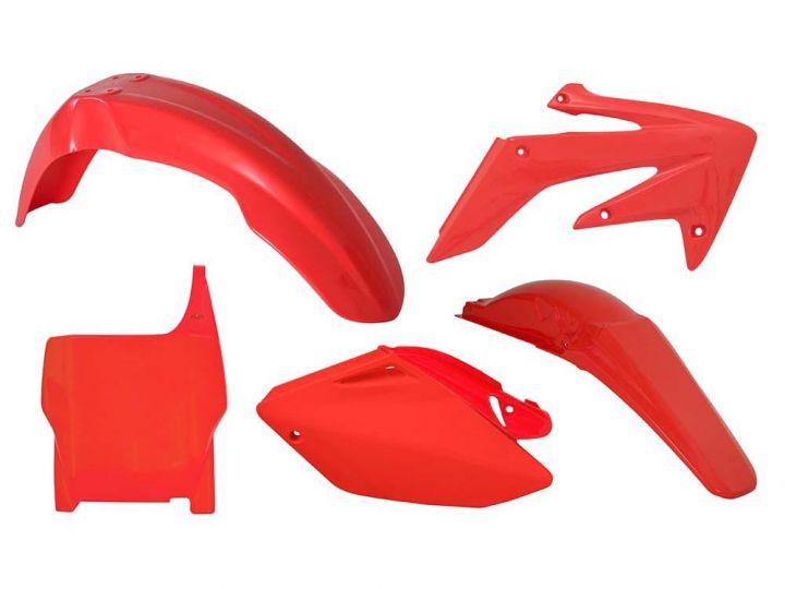 R-TECH RED PLASTIC KIT/5 HONDA CRF250R 2004-2005, WITH FRONT PLATE