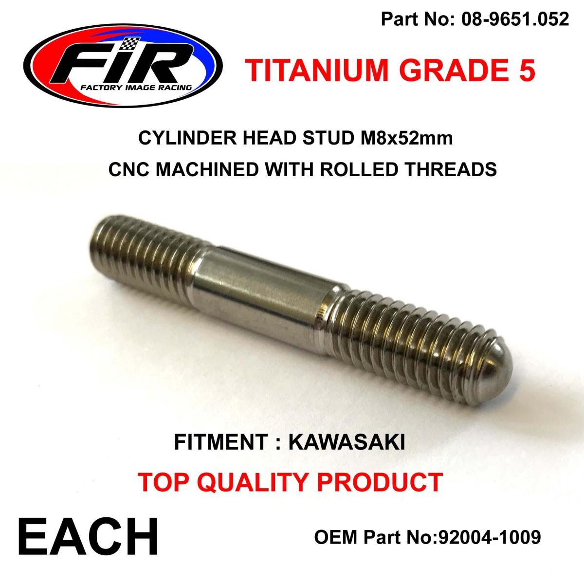 TITANIUM G5 CYLINDER STUD M8x52mm EACH, KAWASAKI 92004-1009 KX80/125/250/500
