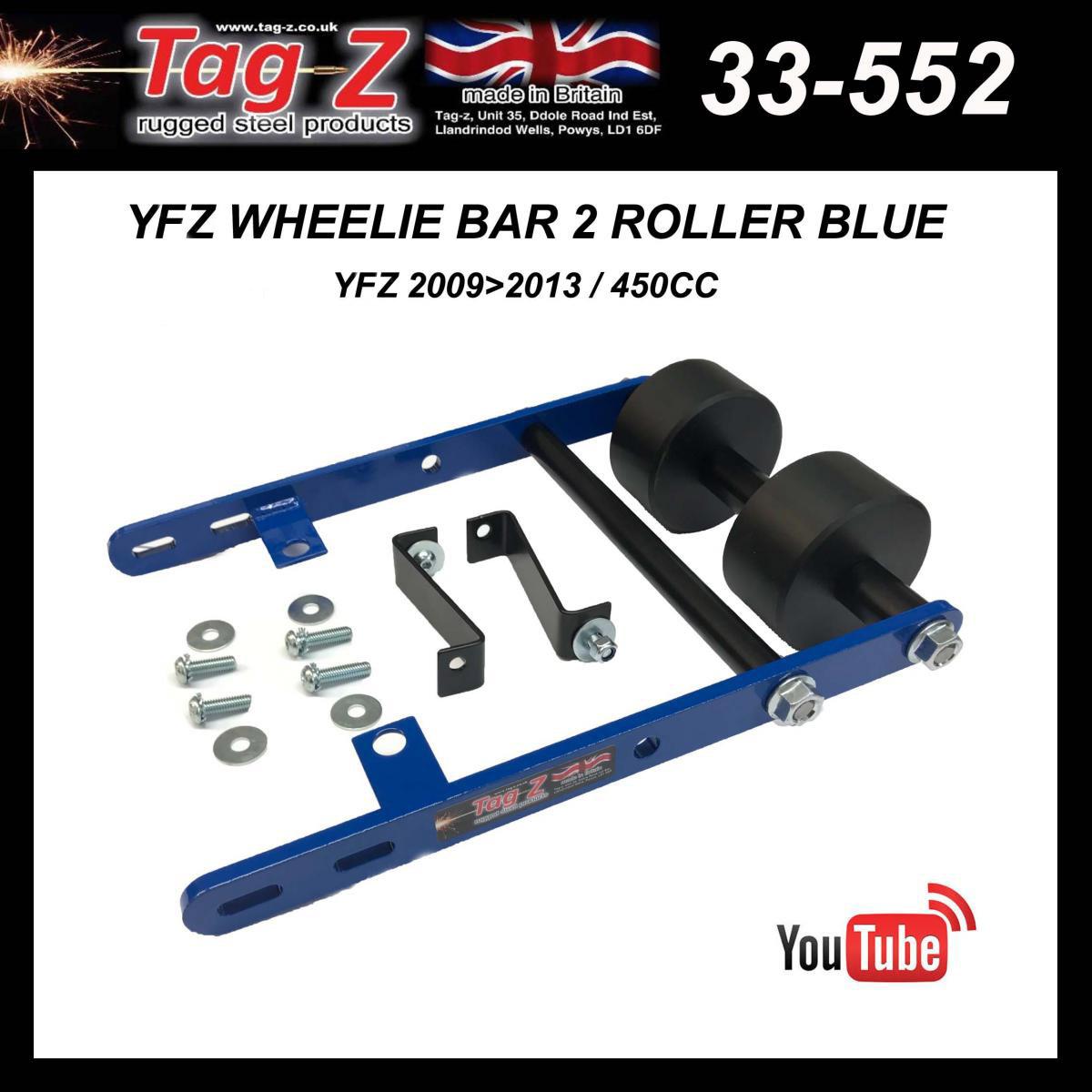 YAMAHA YFZ450R 09-13 ATV WHEELIE BAR 2 ROLLER BLUE, WHEELIE SAVER 34x22x7cm